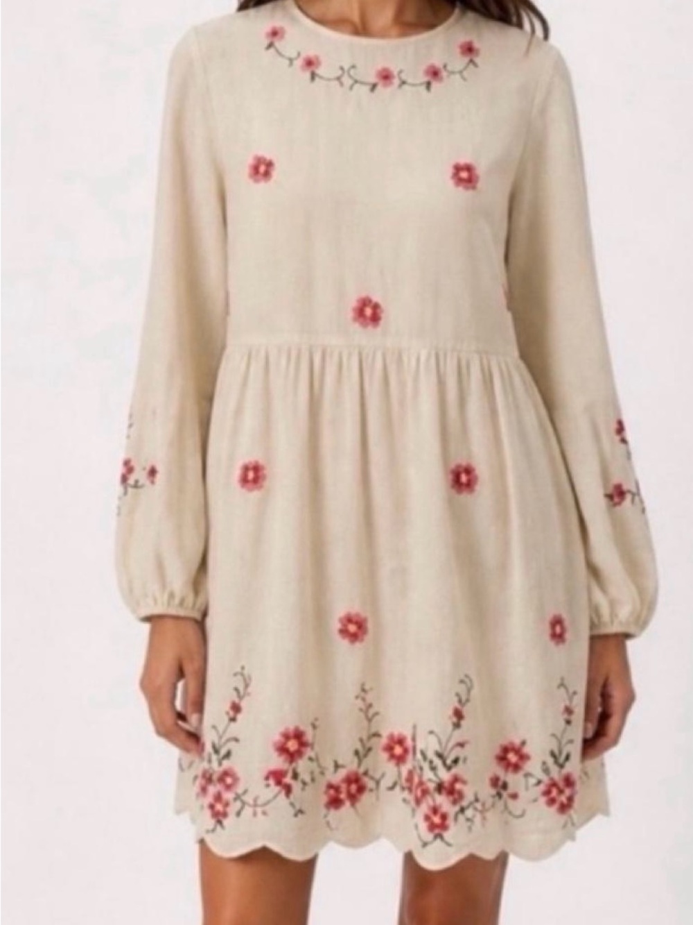 Caroline Constas Cream Long-Sleeve Dress with Pink Floral Embroidery